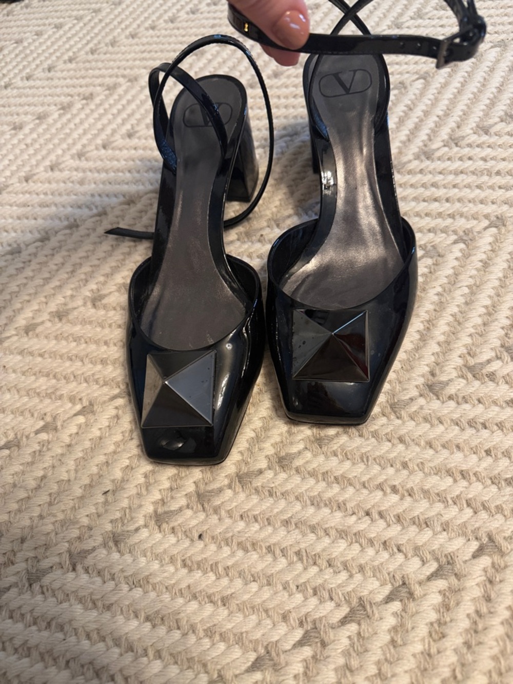 Valentino Black Patent Leather Pyramid-Tip Slingback Heels